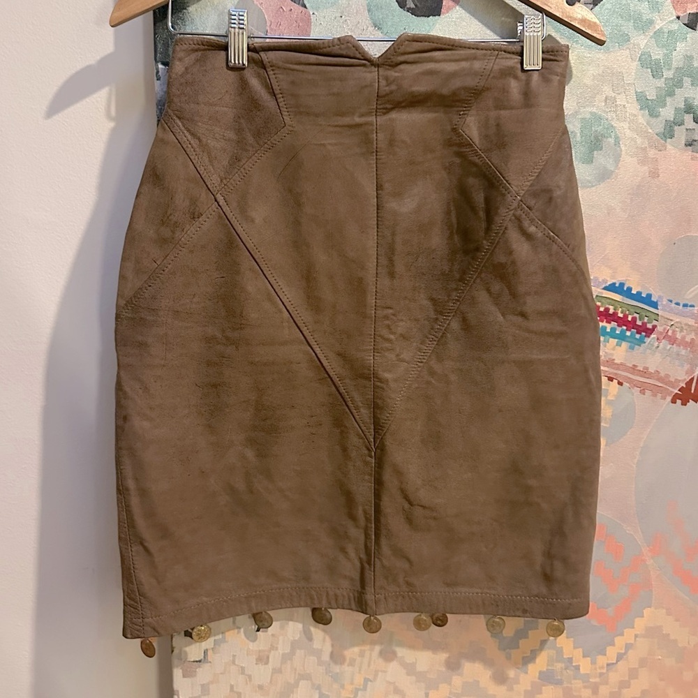 Vintage 1990s patchwork brown leather mini skirt with gold coin trim high waist